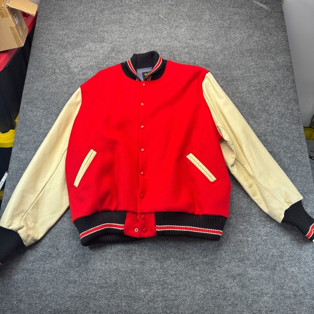 Vtg 1970s ALBION Award Jacket Red Wool Cream Leather Varsity Letterman USA 3XL